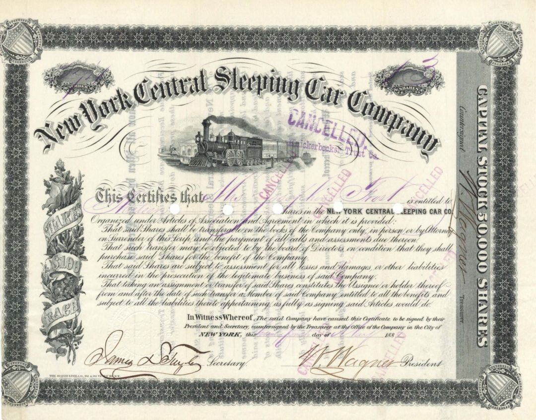 New York Central Sleeping Car Co. signed by W. Wagner - 1881 or 1882 dated Autographed Stock Certificate