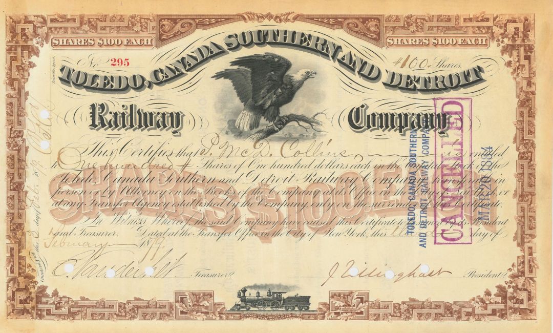 Toledo, Canada Southern and Detroit Railway Co. signed by Cornelius Vanderbilt (Jr.) - 1879 dated Autographed Stock Certificate