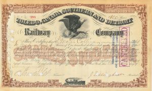 Toledo, Canada Southern and Detroit Railway Co. signed by Cornelius Vanderbilt (Jr.) - Stock Certificate