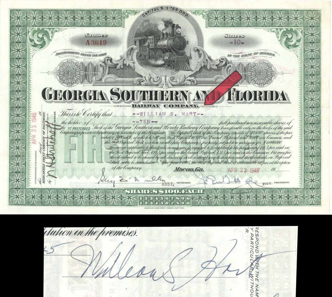 Georgia Southern and Florida Railway Co. signed by William S. Hart - 1945 dated Autographed Stock Certificate
