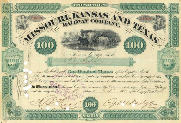 Missouri, Kansas and Texas Railway Co. signed by Grenville M. Dodge - 1880 dated Railroad Stock Certificate - "The Katy"