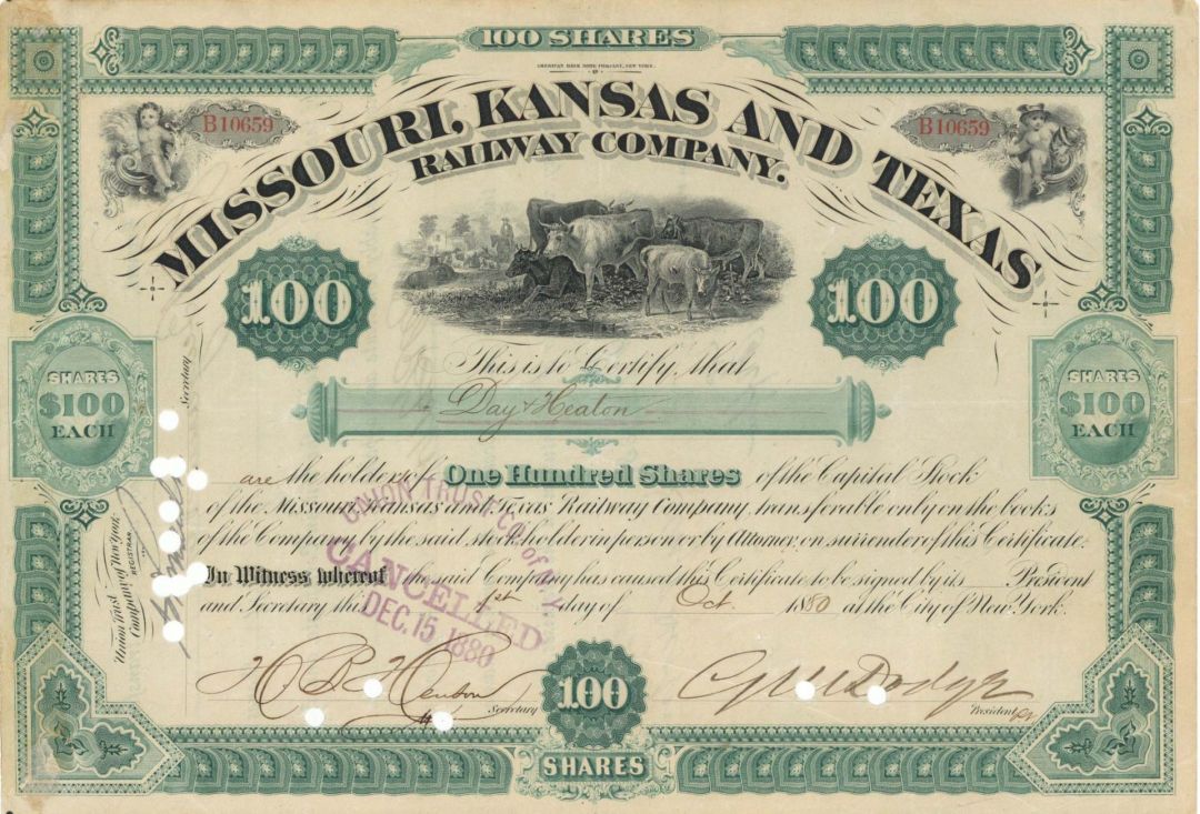 Missouri, Kansas and Texas Railway Co. signed by G. M. Dodge - 1880 dated Autographed Railroad Stock Certificate - The Katy