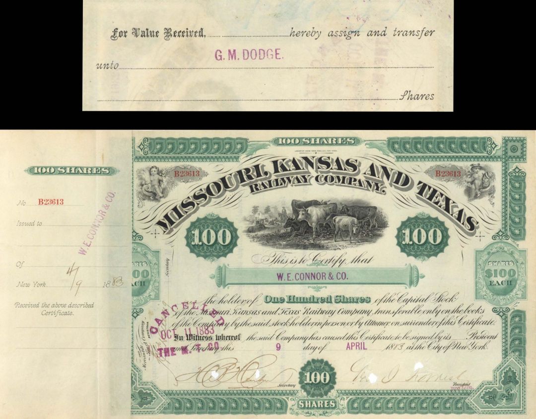 Missouri, Kansas and Texas Railway Co - The Katy - 1883 dated Stock Transferred to G.M. Dodge but Not Signed