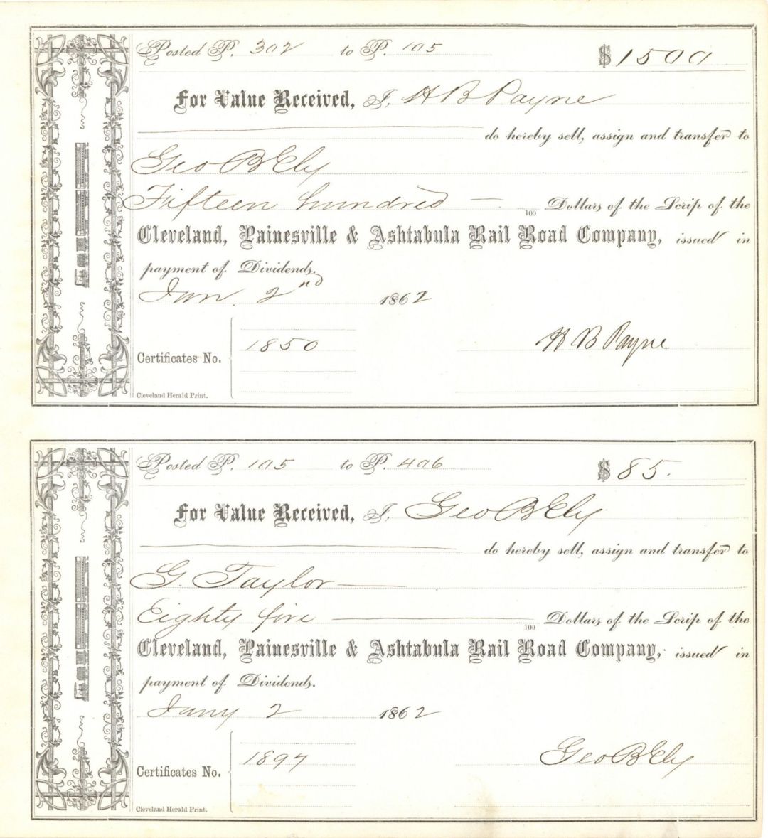 Cleveland, Painesville and Ashtabula Rail Road Co. signed by H.B. Payne - 1862 dated Autographed Stock Certificate