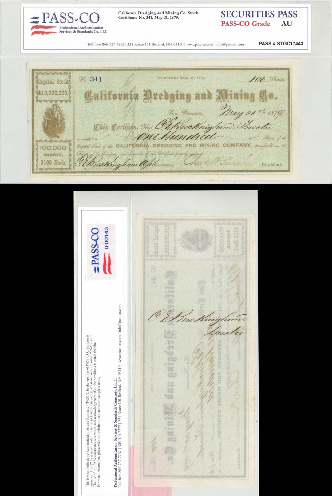 California Dredging and Mining Co. Stock with PASS-CO signed by C.E. Buckingham front and back - 1879 dated Autographed Stock Certificate