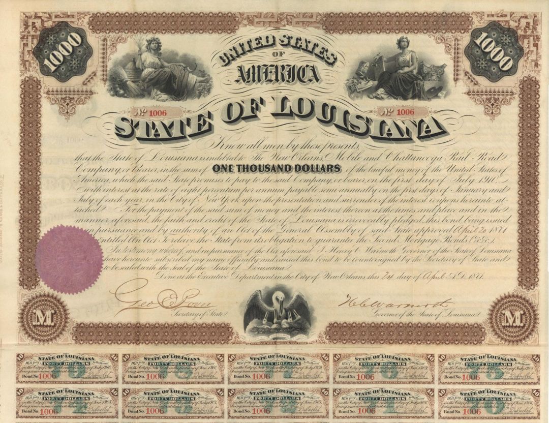 State of Louisiana signed by Gov. Henry Clay Warmoth  - 1871 dated $1,000 Bond