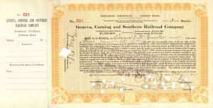 E.V.W. Rossiter signed Geneva, Corning and Southern Railroad Co. - Autographed Stock Certificate