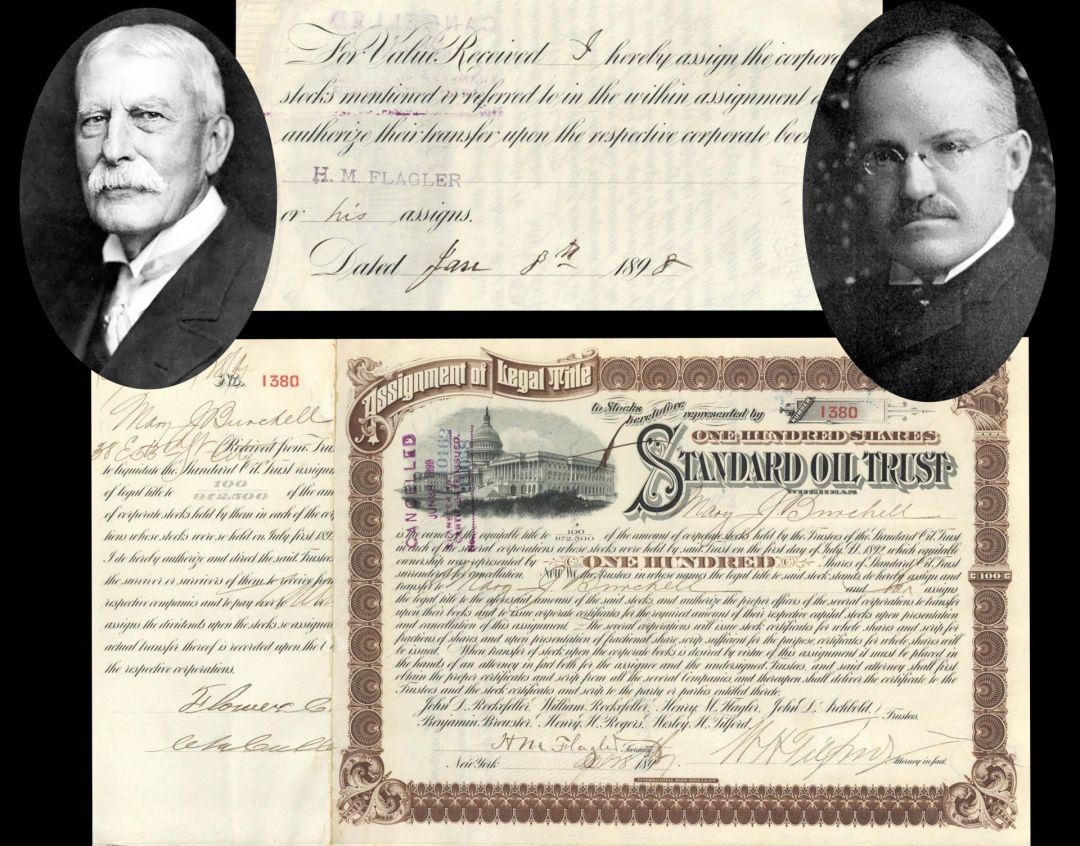 Standard Oil Trust Transferred and Signed by Henry M. Flagler & Wesley H. Tilford - 1897 dated Autograph Oil Stock Certificate