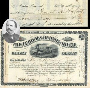 Lehigh and Hudson River Railway Co. transferred to Garrett A. Hobart - 1882 dated Autographed Stock Certificate