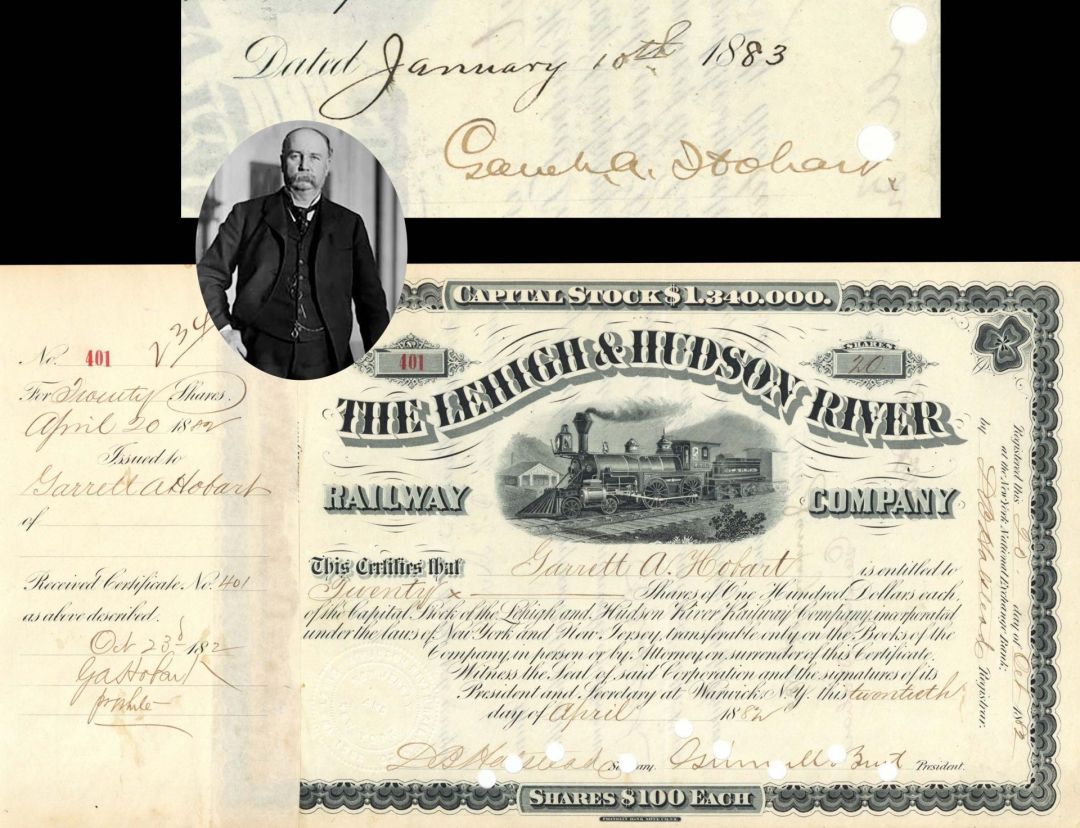 Lehigh and Hudson River Railway Co. Issued to and Signed by Garrett A. Hobart - 1882 and 1883 dated Autographed Stock Certificate