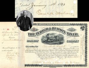 Lehigh and Hudson River Railway Co. Issued to and Signed by Garrett A. Hobart - 1882 and 1883 dated Autographed Stock Certificate