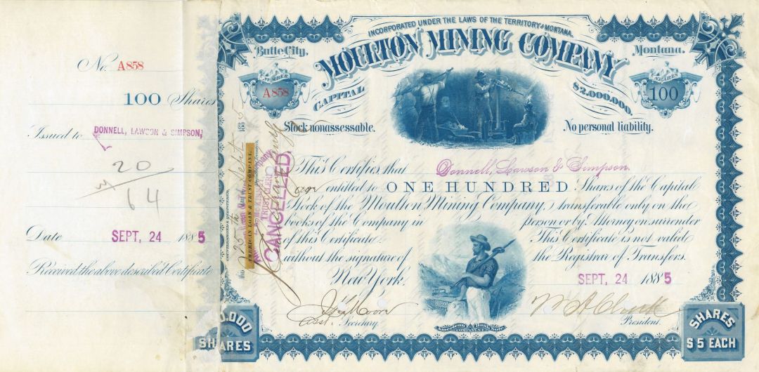 Moulton Mining Co. signed by William A. Clark - 1880's-90's dated Mining Magnate Autograph Stock Certificate - Gorgeous Blue Color