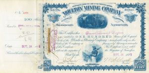 Moulton Mining Co. signed by William A. Clark - 1880's-90's Mining Magnate Autograph Stock Certificate - Gorgeous Blue Color