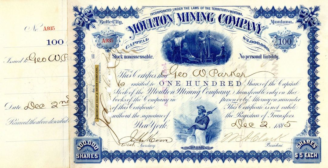 Moulton Mining Co. signed by William A. Clark - 1880's-90's Mining Magnate Autograph Stock Certificate - Gorgeous Blue Color