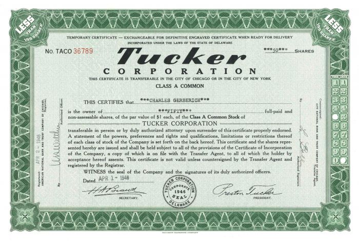 Tucker Corporation - Automotive Stock Certificate - Only 50 Tucker Cars were Made