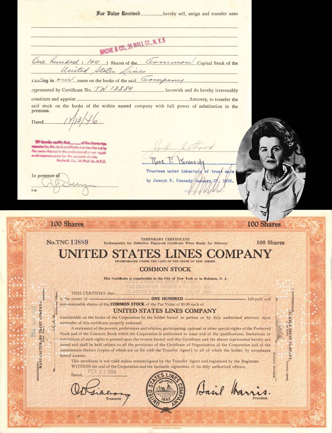 United States Lines Co. signed by Rose F. Kennedy for Trust of Joseph P. Kennedy - 1944 dated Autograph Shipping Stock Certificate