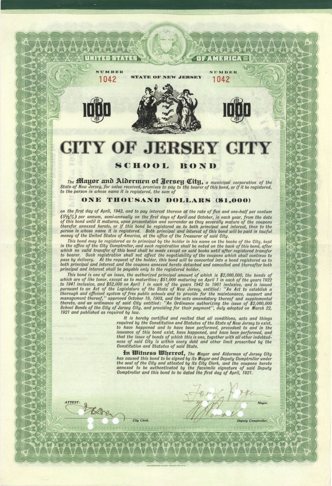 City of City of Jersey City signed by Frank Hague - 1921 or 1925 dated Autograped $1,000 Bond