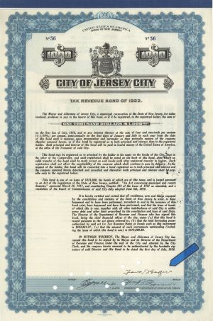 City of Jersey City signed by Frank Hague - 1926 dated Autograped $1,000 Bond