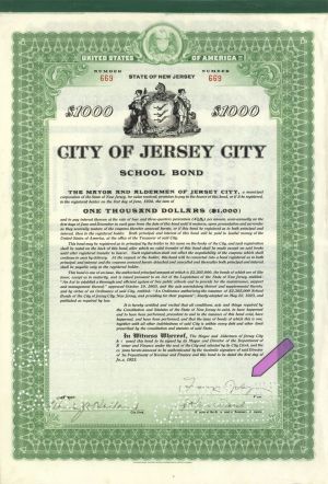 City of Jersey City Signed by Frank Hague - $1000 1918-1925 dated Autographed Bond
