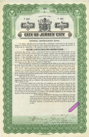 City of Jersey City Signed by Frank Hague - $1000 1927 or 1931 dated Autographed Bond