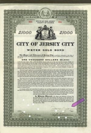 City of Jersey City Signed by Frank Hague - $1000 1925 dated Autographed Bond
