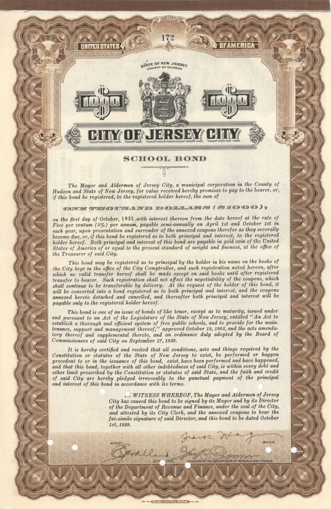 City of City of Jersey City signed by Frank Hague - 1927 or 1929 dated Autograped $1,000 Bond