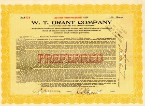 W. T. Grant Co. signed by W.T. Grant - Stock Certificate