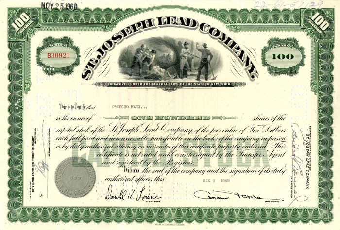 St. Joseph Lead Co. Issued to Groucho Marx - Stock Certificate