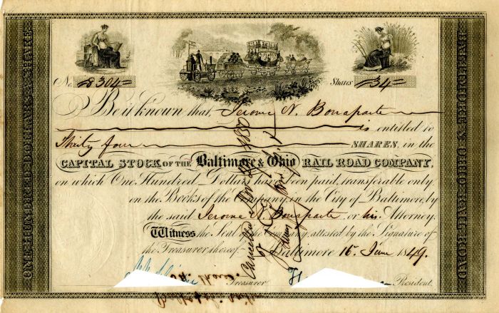 Baltimore and Ohio Rail Road Co. Issued to Jerome N. Bonaparte - Stock Certificate