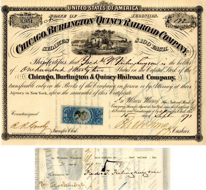 Chicago, Burlington and Quincy Railroad Co. signed by Frederick T. Frehinghuysen - Stock Certificate