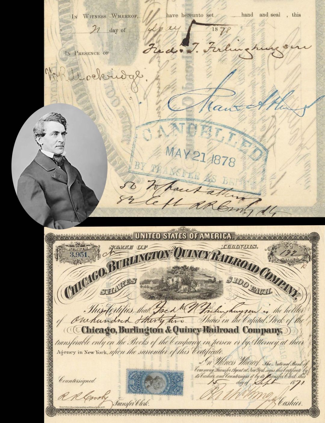 Chicago, Burlington and Quincy Railroad Co. issued to and signed by Frederick T. Frehinghuysen - 1871 dated Autographed Stock Certificate
