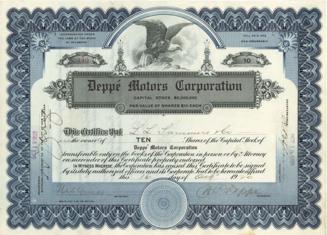 Deppe Motors Corp. signed by H.P. Deppe - 1920 dated Autographed Stock Certificate