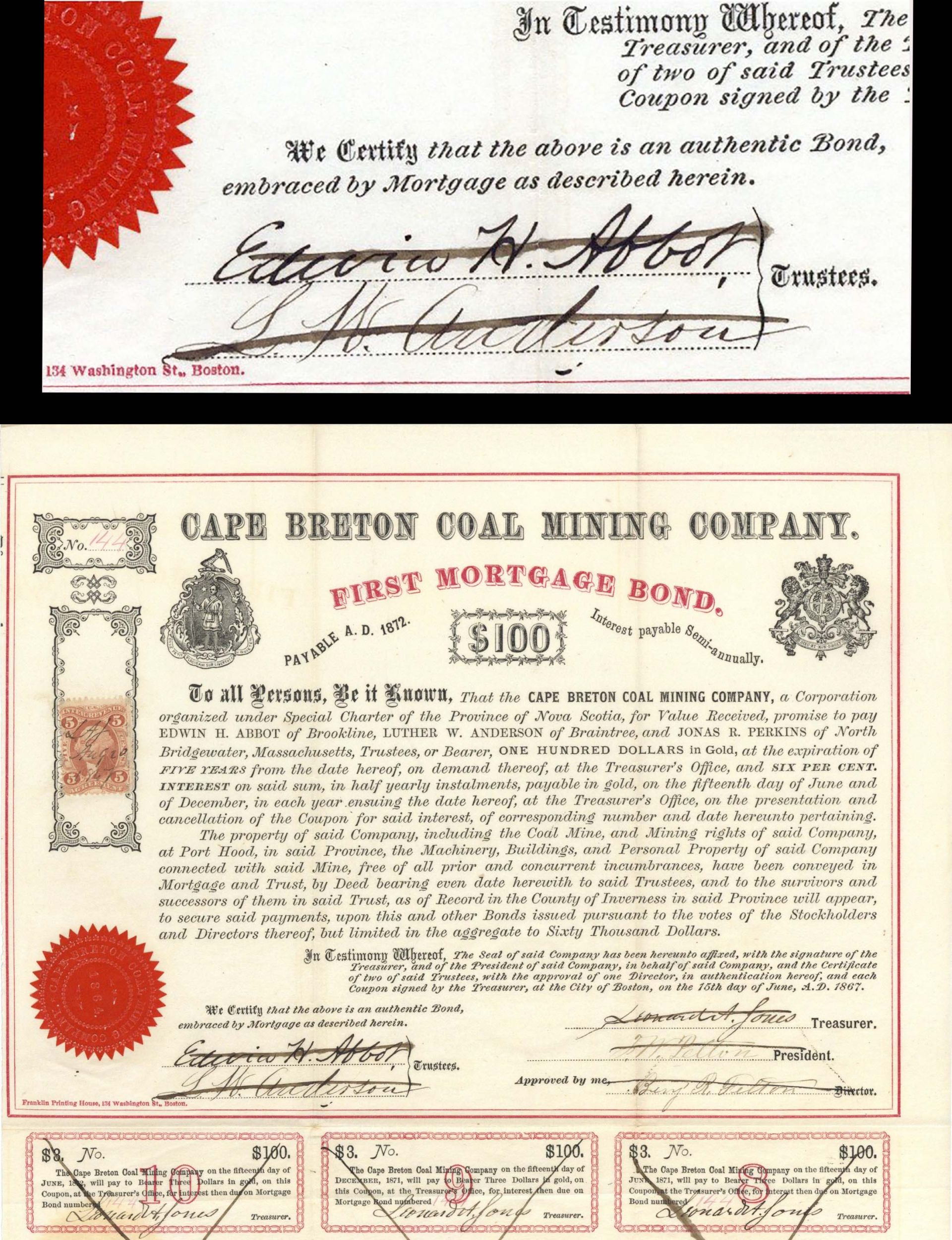 Cape Breton Coal Mining Co. signed by Edwin H. Abbot