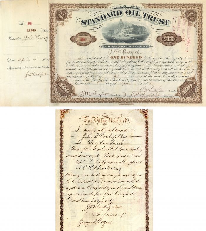 Standard Oil Trust issued to and signed by John D. Rockefeller and Henry M. Flagler - Stock Certificate