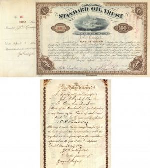 Standard Oil Trust issued to and signed by J.D. Rockefeller and H.M. Flagler - Stock Certificate