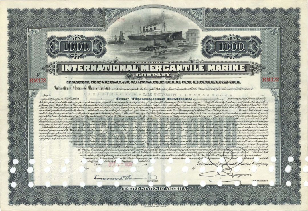 International Mercantile Marine Issued to Yale University - 1929 dated $1,000 Shipping Bond - Company that Made the Titanic