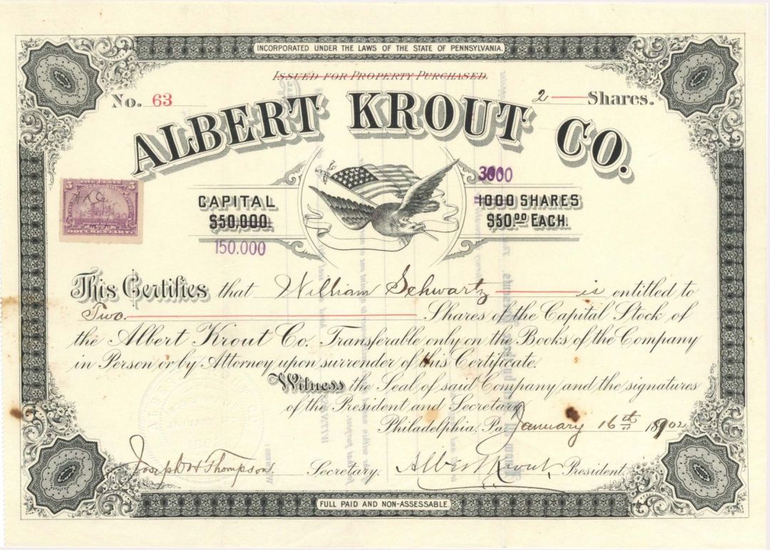Albert Krout Co. signed by Albert Krout - 1902 dated Autographed Stock Certificate