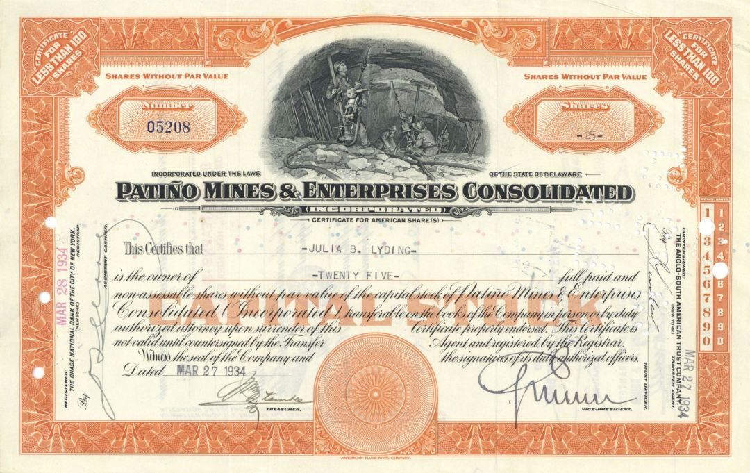 Patino Mines & Enterprises Consolidated signed by member of Patino Family - 1934 dated Autograph Stock Certificate