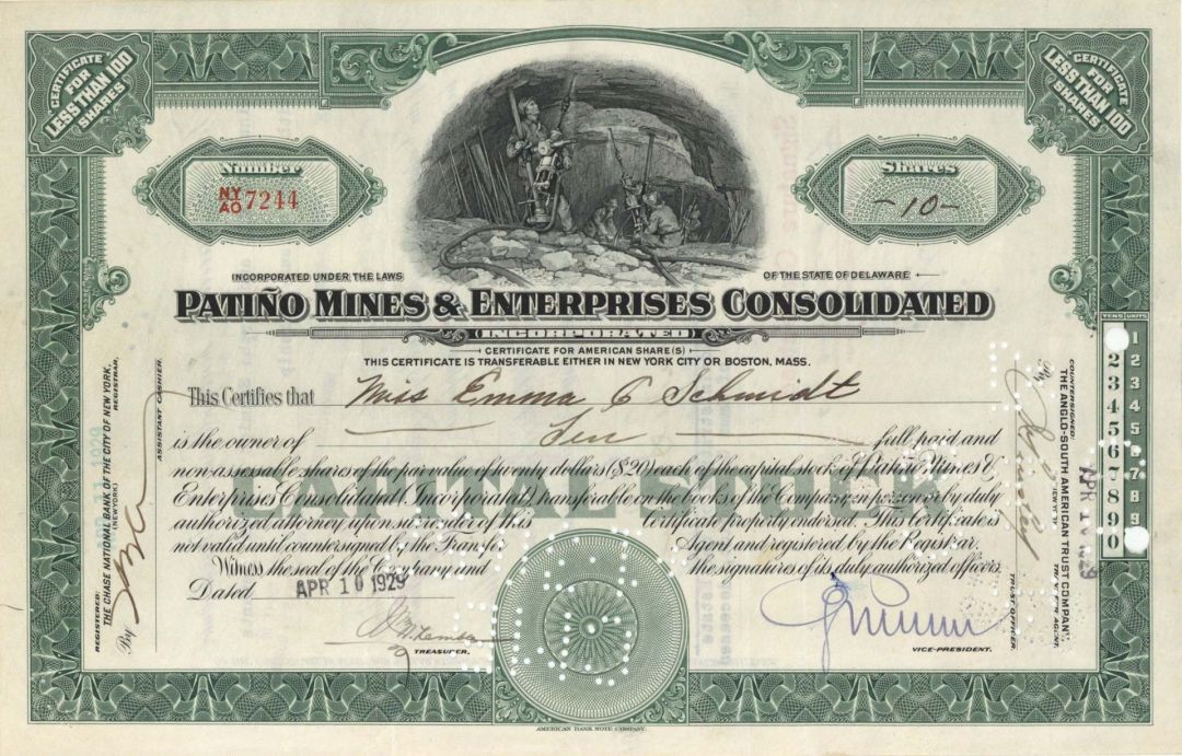 Patino Mines & Enterprises Consolidated Inc. signed by member of Patino Family - 1928-1941 dated Autograph Stock Certificate