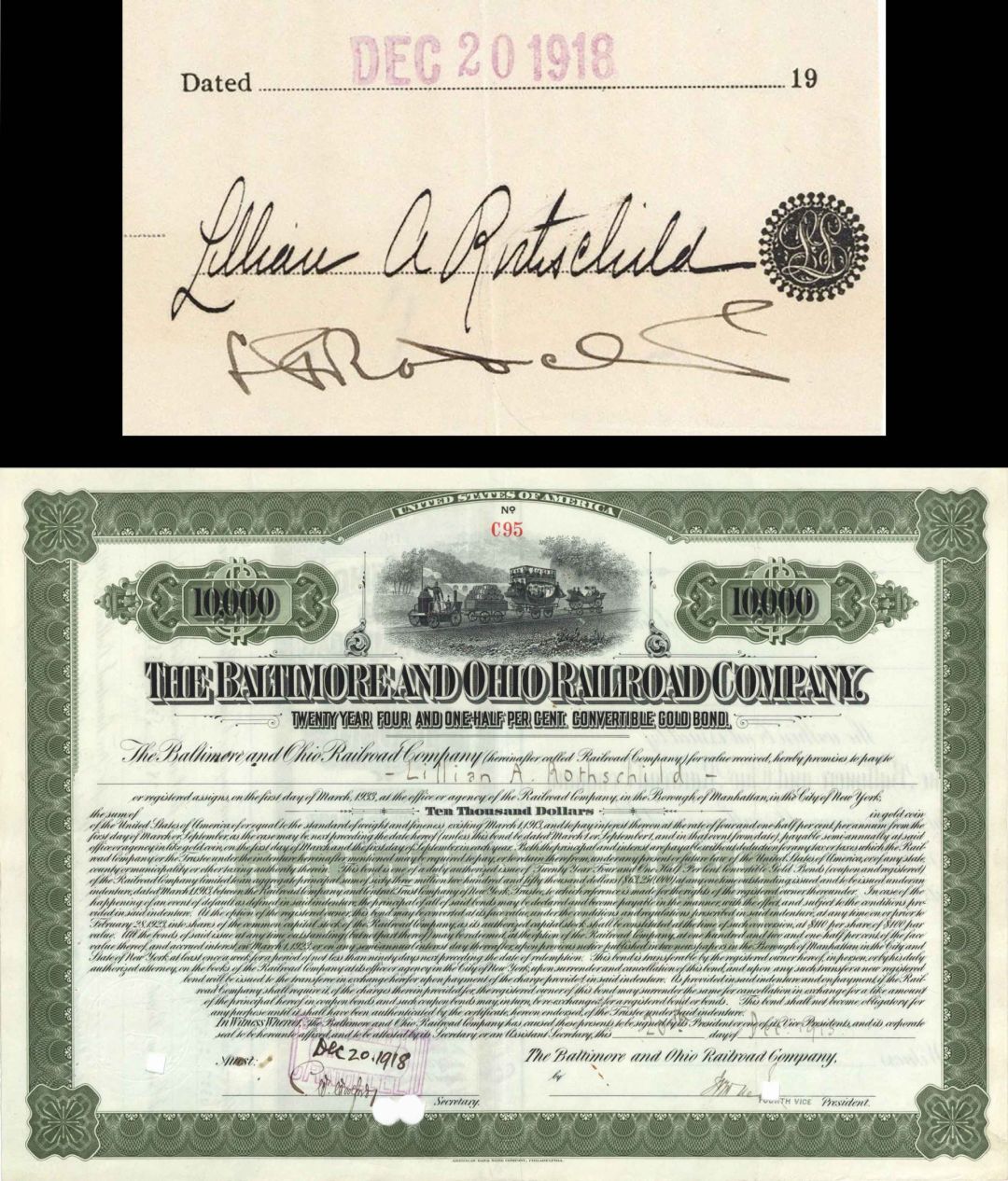 Baltimore and Ohio Railroad Co. Issued to and Signed by Lillian Rothschild - 1915 and 1918 dated Autographed $10,000 Bond