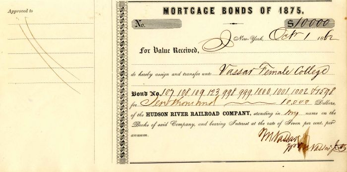 Hudson River Railroad Co. signed by Matthew Vassar Jr. - Stock Certificate