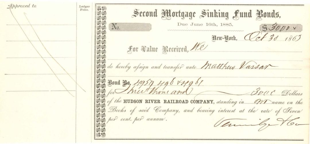 Hudson River Railroad Co. Issued to Matthew Vassar Jr. - 1865 dated $3,000 Bond