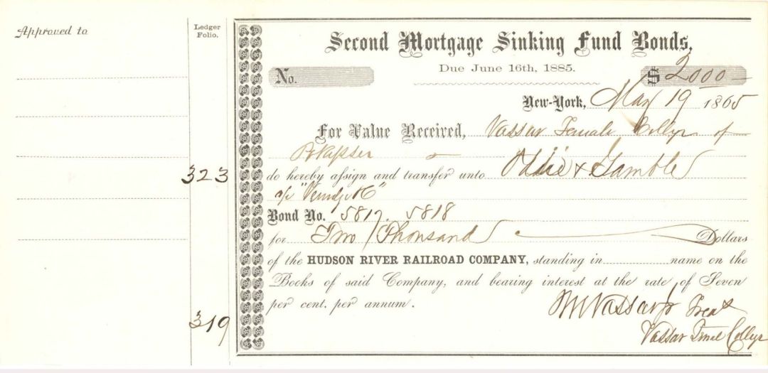 Hudson River Railroad Co. signed by Matthew Vassar Jr. - 1865 dated $2,000 or $3,000 Autogrpahed Bond