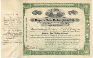 Raquette Lake Railway Co. signed by William Seward Webb - Autograph Railroad Stock Certificate