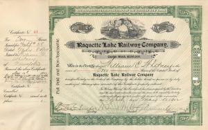 Raquette Lake Railway Co. issued to William C. Whitney and signed by W. Seward Webb - 1902 dated Autograph Railroad Stock Certificate