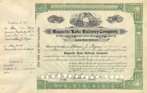 Raquette Lake Railway Co. signed by William Seward Webb - 1913 dated Autograph Railroad Stock Certificate