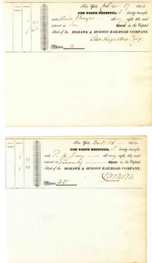 Pair of Mohawk and Hudson Railroad Co. 1 Issued to P.A. Jay and 1 Signed by Peter Augustus Jay - Stock Certificate