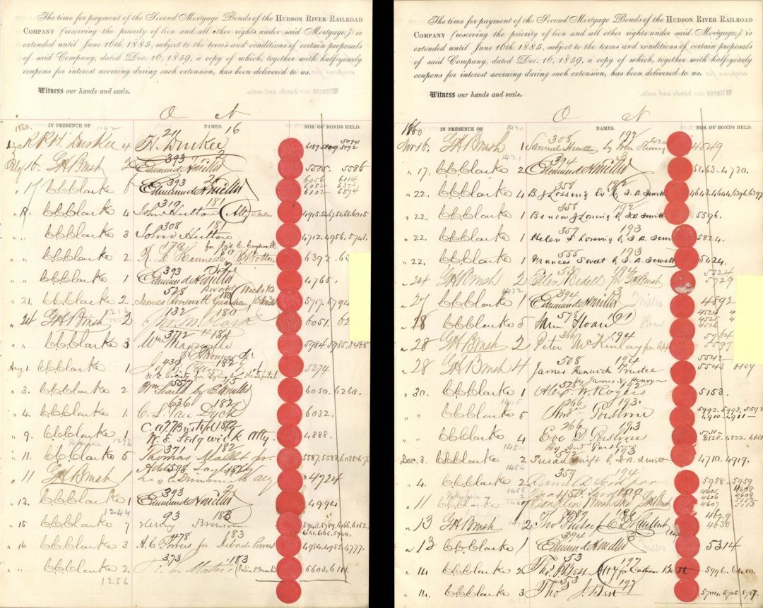 Hudson River Railroad Bond Receipt Sheet signed by Sam Sloan and James Roosevelt - 1859 dated Second Mortgage Bond
