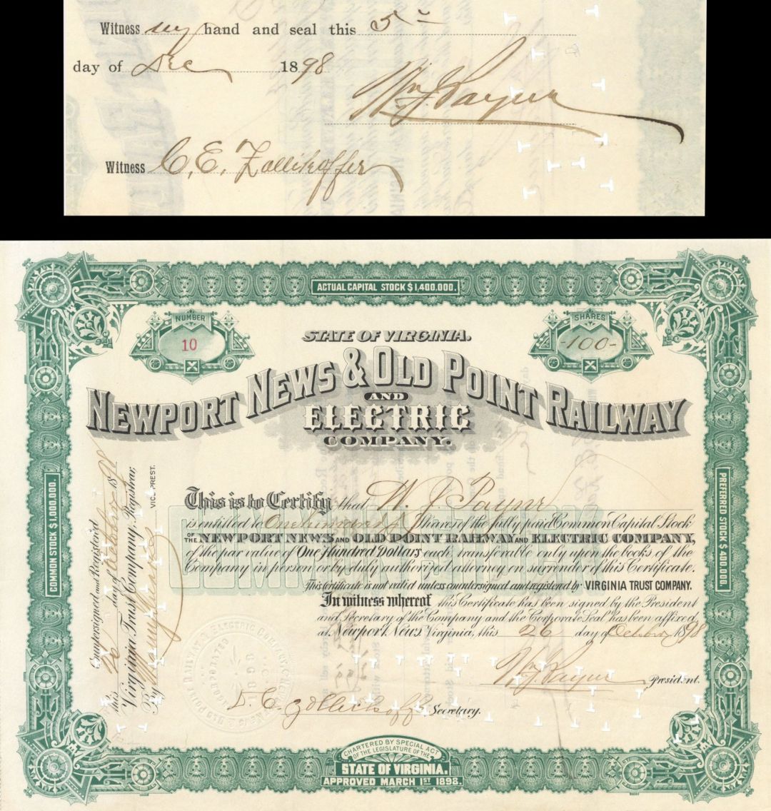 Newport News and Old Point Railway and Electric Co. signed by W.J. Payne - 1898 dated Autographed Stock Certificate
