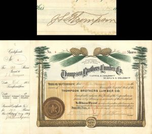 Thompson Brothers Lumber Co. signed by J.L. Thompson 3 times - 1906 dated Autographed Stock Certificate